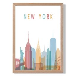 ARTZE New York Colourful City Skyline Framed Print SIZE: A4 with Oak Frame in Pale Blue