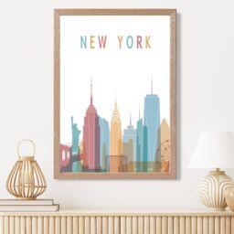 ARTZE New York Colourful City Skyline Framed Print SIZE: A4 with Oak Frame in Pale Blue - thumbnail 2