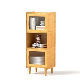 Gymax Bamboo 3-Cube Cabinet Kitchen Sideboard Freestanding Bookcase With Doors in Light Khaki