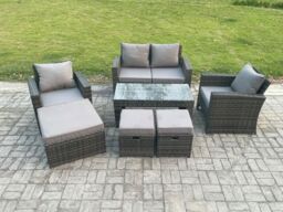 Fimous 7 Seater Outdoor Rattan Garden Furniture Set Patio Lounge Sofa Set with Coffee Table 3 Footstools Dark Grey Mixed - thumbnail 1