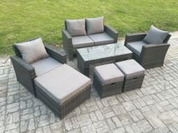 Fimous 7 Seater Outdoor Rattan Garden Furniture Set Patio Lounge Sofa Set with Coffee Table 3 Footstools Dark Grey Mixed - thumbnail 2