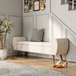 KORVIXA Beige Linen Fabric Upholstered Pouffe Storage Bench - Size: 100 cm x 100 cm - thumbnail 3