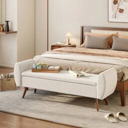 KORVIXA Beige Linen Fabric Upholstered Pouffe Storage Bench - Size: 100 cm x 100 cm - thumbnail 4