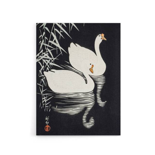 "Artery8 Geese Swimming By Reeds Canvas Wall Art Print Ohara Koson in Black - Size: W18"" x H24""" - image 1