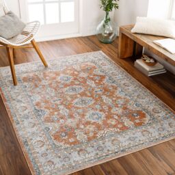 Livabliss Lilian Washable Orange Blue Vintage Traditional Boho Rug in Burnt Orange - Size: 66 cm x 120 cm
