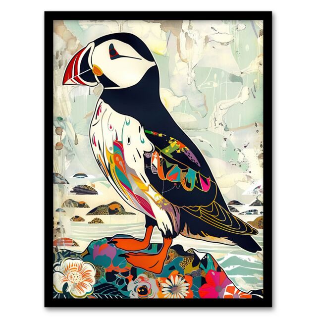 Artery8 Colourful Patterned Puffin Artwork Mosaic Floral Framed Art Print - Size: A4 - image 1