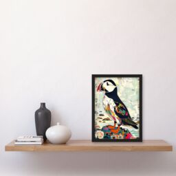 Artery8 Colourful Patterned Puffin Artwork Mosaic Floral Framed Art Print - Size: A4 - thumbnail 4