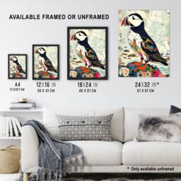 Artery8 Colourful Patterned Puffin Artwork Mosaic Floral Framed Art Print - Size: A4 - thumbnail 3