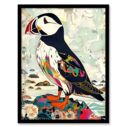 Artery8 Colourful Patterned Puffin Artwork Mosaic Floral Framed Art Print - Size: A4 - thumbnail 1