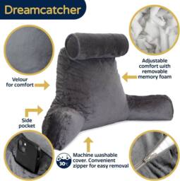 Dreamcatcher XL Reading Pillow Dark Grey Crushed Velvet Memory Foam Support Cushion - thumbnail 3