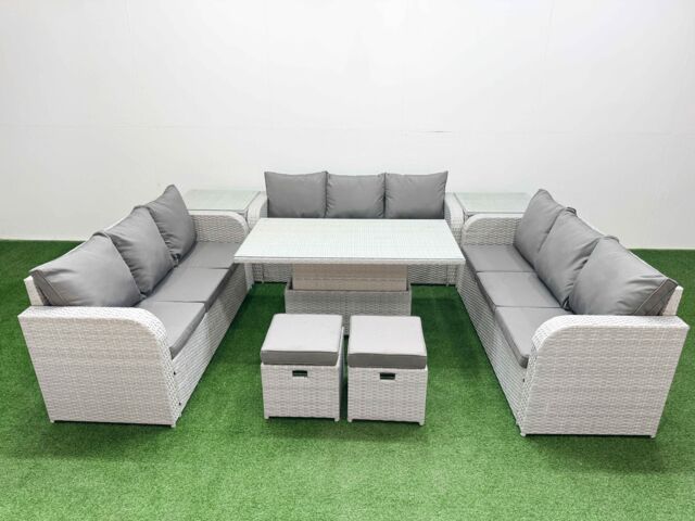 Fimous PE Rattan Lounge Sofa Set 11 Seater Outdoor Garden Furniture Set w/ Adjustable Lifting Dining or Coffee Table 3 Seater Sofa 2 Stools 2 Side - image 1