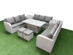 Fimous PE Rattan Lounge Sofa Set 11 Seater Outdoor Garden Furniture Set w/ Adjustable Lifting Dining or Coffee Table 3 Seater Sofa 2 Stools 2 Side - thumbnail 2