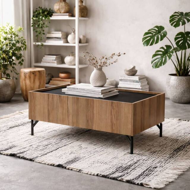 Wyld Haus Hillerod Natural Oak & Black Coffee Table with 2 Drawers in Brown - image 1