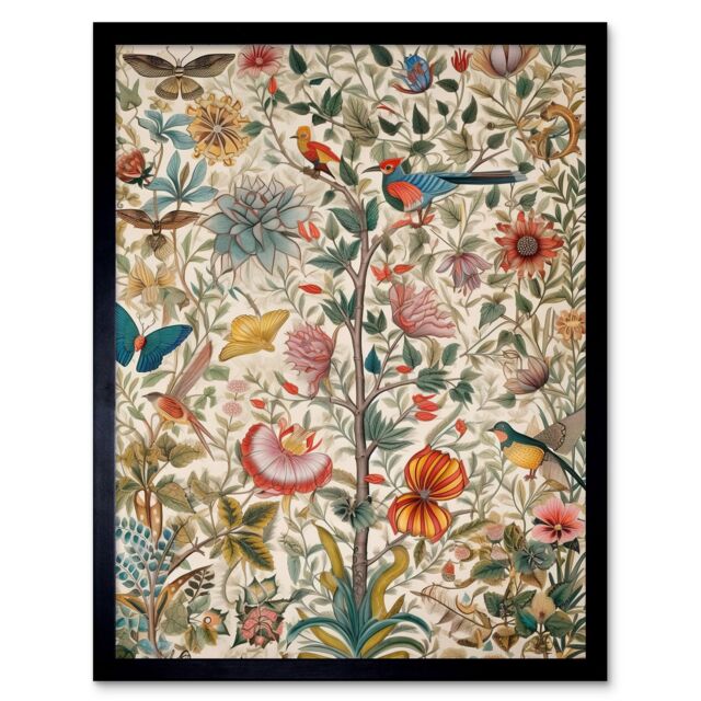 "Artery8 Wall Art Print Butterflies & Flower Plants Pattern Folk Art Watercolour Painting Art Framed in Black - Size: W12"" x H16""" - image 1
