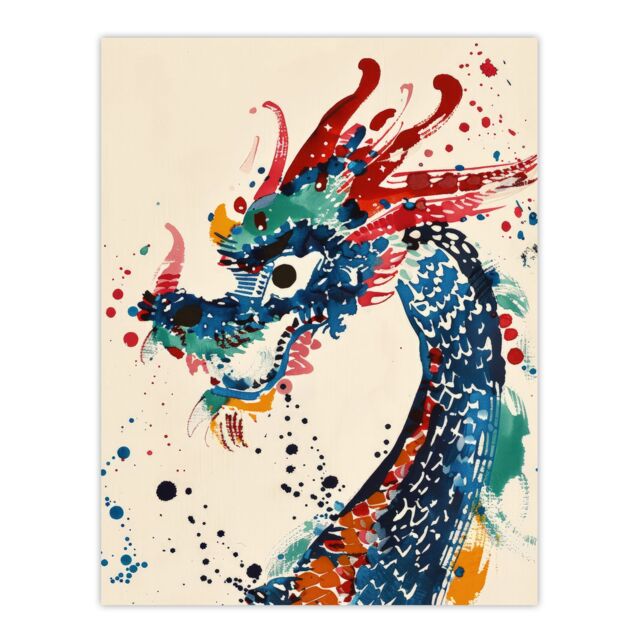 "Artery8 Wall Art Print Colourful Chinese Dragon Watercolour Paint Splat Poster - Size: W24"" x H32""" - image 1