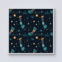 "Warren Reed - Designer Christmas Stocking In A Starry Night Sky Framed Canvas in Off-White - Size: W30"" x H30""" - thumbnail 1