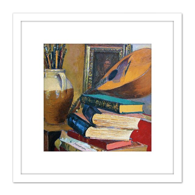 Artery8 Sicurezza Still Life With Books Mandolin Painting 8X8 Inch Square Wooden Framed Wall Art Print Picture with Mount in White - image 1