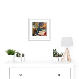 Artery8 Sicurezza Still Life With Books Mandolin Painting 8X8 Inch Square Wooden Framed Wall Art Print Picture with Mount in White - thumbnail 2