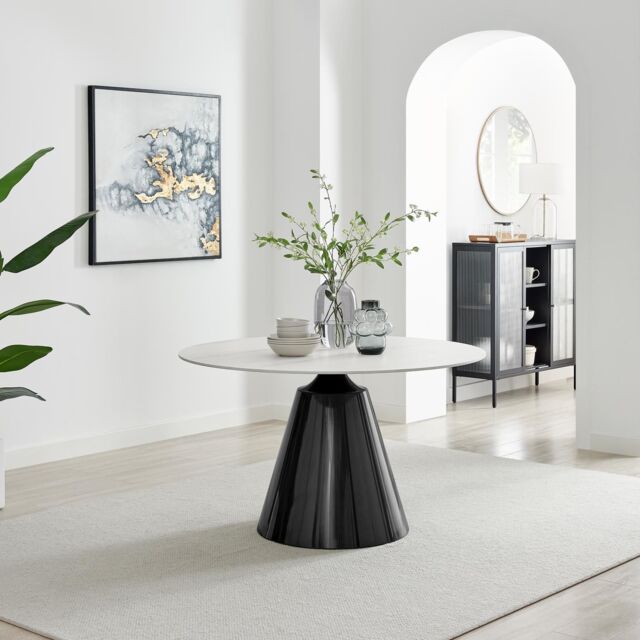 FurnitureboxUK Nina White Marble Effect Round Ceramic Dining Table in Off-White - image 1