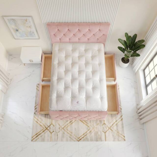 "Somnior Ziggy Velvet Divan Bed Mattress 4 Draw 54"" Headboard 22"" Footboard in Pink - Size: Small Double" - image 1