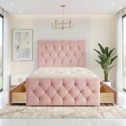"Somnior Ziggy Velvet Divan Bed Mattress 4 Draw 54"" Headboard 22"" Footboard in Pink - Size: Small Double" - thumbnail 5