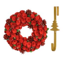 Dibor 35cm Red Crimson Rose Christmas Wreath with Tree Wreath Hanger - thumbnail 1