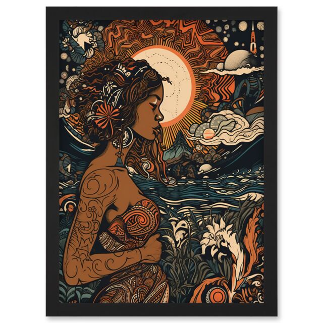Artery8 Gaia Mother Nature Modern Art Nouveau Folk Art Artwork Framed Wall Art Print A4 in Black - image 1
