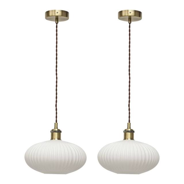 First Choice Lighting Set of 2 Baton - White Ribbed Oval Glass Antique Brass Retro Pendants - image 1