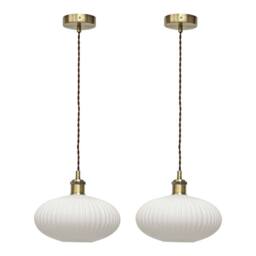 First Choice Lighting Set of 2 Baton - White Ribbed Oval Glass Antique Brass Retro Pendants