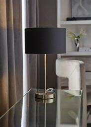 ValueLights Charlie Fabric Drum & Chrome Inner Shade Chrome Stem Table Lamp & Bulb in Charcoal