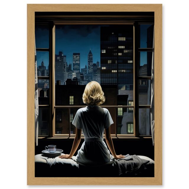 Artery8 Wall Art Print Alfred Hitchcock Rear Window Inspired Hyperrealist Painting Watching Neighbours at Night Artwork Framed A4 in Light Oak - image 1
