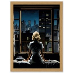 Artery8 Wall Art Print Alfred Hitchcock Rear Window Inspired Hyperrealist Painting Watching Neighbours at Night Artwork Framed A4 in Light Oak - thumbnail 1