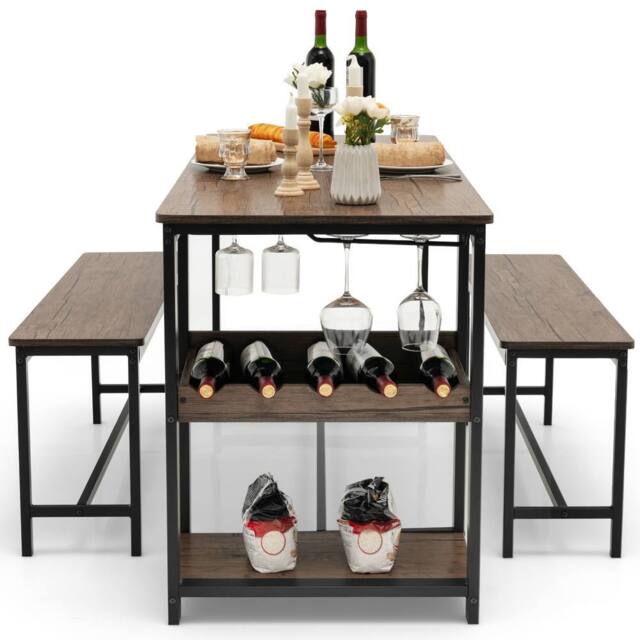 Gymax Dining Table & 2 Benches Set With Wine Rack & Storage Shelf in Brown - image 1