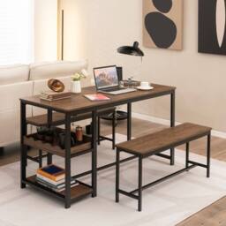 Gymax Dining Table & 2 Benches Set With Wine Rack & Storage Shelf in Brown - thumbnail 5