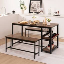 Gymax Dining Table & 2 Benches Set With Wine Rack & Storage Shelf in Brown - thumbnail 6