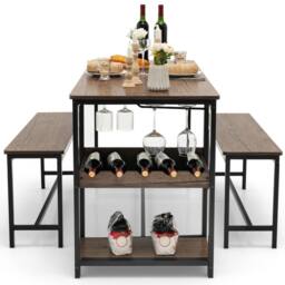 Gymax Dining Table & 2 Benches Set With Wine Rack & Storage Shelf in Brown - thumbnail 1