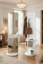 Living and Home 360° Rotating Full-Length Mirror with Coat Rack in White - thumbnail 2