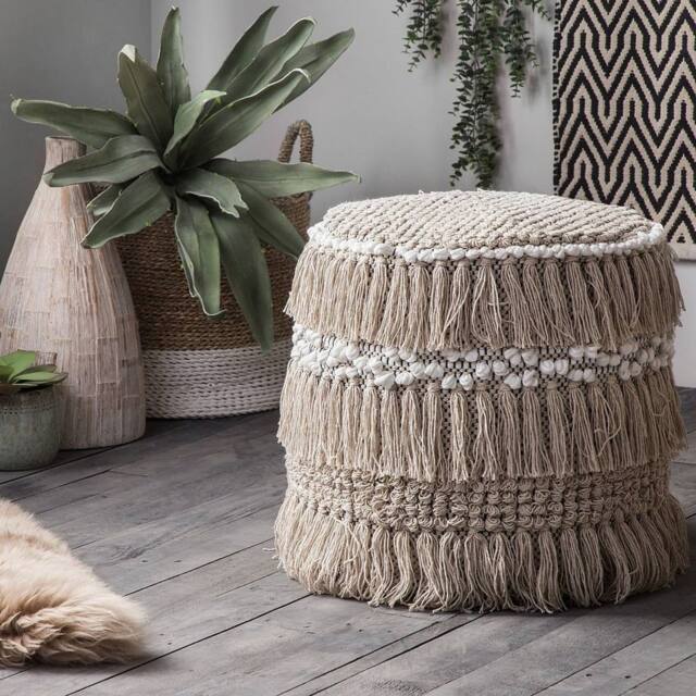 Wyld and Coco Beige Handwoven Cotton Pouffe with Tassels - Round Boho Footstool - image 1