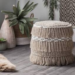 Wyld and Coco Beige Handwoven Cotton Pouffe with Tassels - Round Boho Footstool