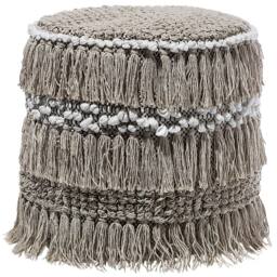 Wyld and Coco Beige Handwoven Cotton Pouffe with Tassels - Round Boho Footstool - thumbnail 2