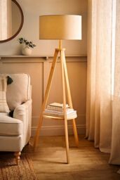 ValueLights Morrigan Natural Wood Tripod Floor Lamp with Fabric Drum Lamp Shade - thumbnail 2