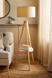 ValueLights Morrigan Natural Wood Tripod Floor Lamp with Fabric Drum Lamp Shade - thumbnail 1