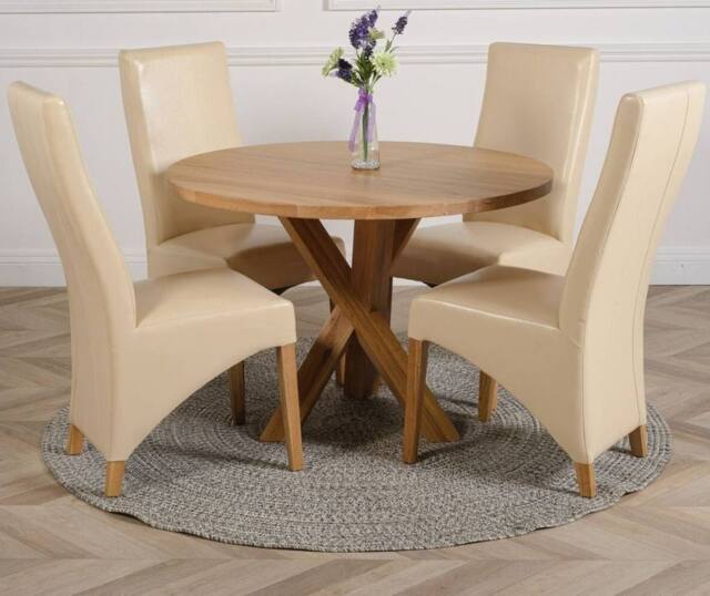 Thats Furniture Oregon Round Oak Dining Table & 4 Lola Leather Chairs in Cream - image 1