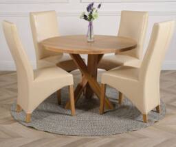Thats Furniture Oregon Round Oak Dining Table & 4 Lola Leather Chairs in Cream - thumbnail 1