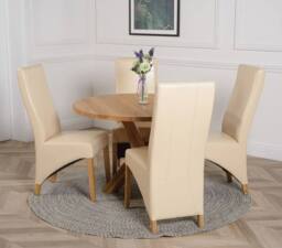 Thats Furniture Oregon Round Oak Dining Table & 4 Lola Leather Chairs in Cream - thumbnail 3
