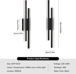 COMELY Indoor Wall Lights, 16W Wall Lights Modern for Living Room, 40cm in Black - thumbnail 3