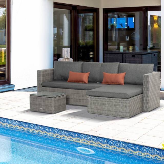 OUTSUNNY 3 PCS Outdoor PE Rattan Furniture Sofa Set w/ Tempered Glass Table & Cushions in Grey - image 1