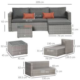 OUTSUNNY 3 PCS Outdoor PE Rattan Furniture Sofa Set w/ Tempered Glass Table & Cushions in Grey - thumbnail 3