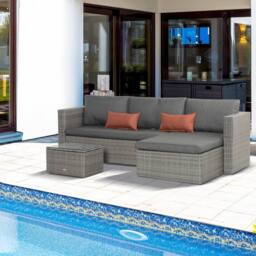 OUTSUNNY 3 PCS Outdoor PE Rattan Furniture Sofa Set w/ Tempered Glass Table & Cushions in Grey - thumbnail 1