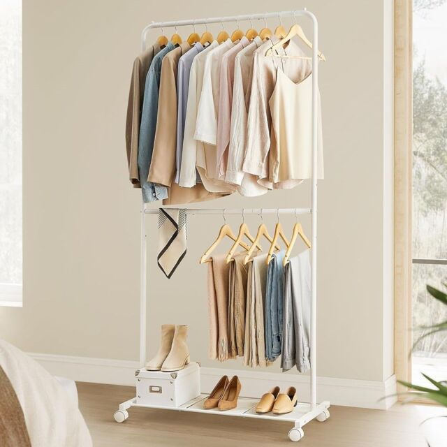 SONGMICS Rolling Clothes Rack with Middle Rod & Storage Shelf in White - image 1